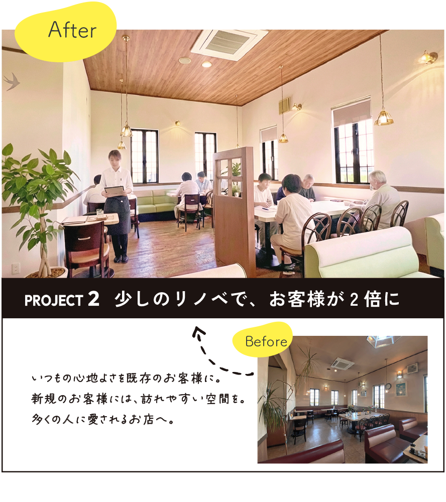 彩朝スタイルの施工例　Before ＆ After　スワロー様の店舗改装　内装