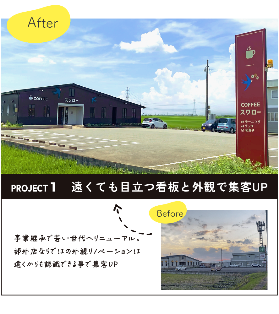 彩朝スタイルの施工例　Before ＆ After　スワロー様の店舗改装　外観