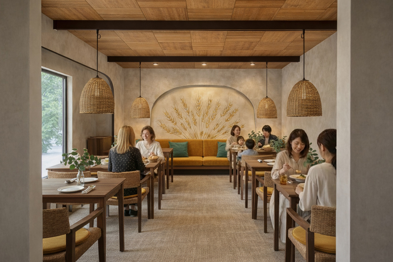 パン屋の店内デザイン　客席1　愛知の空き家リノベーション　　