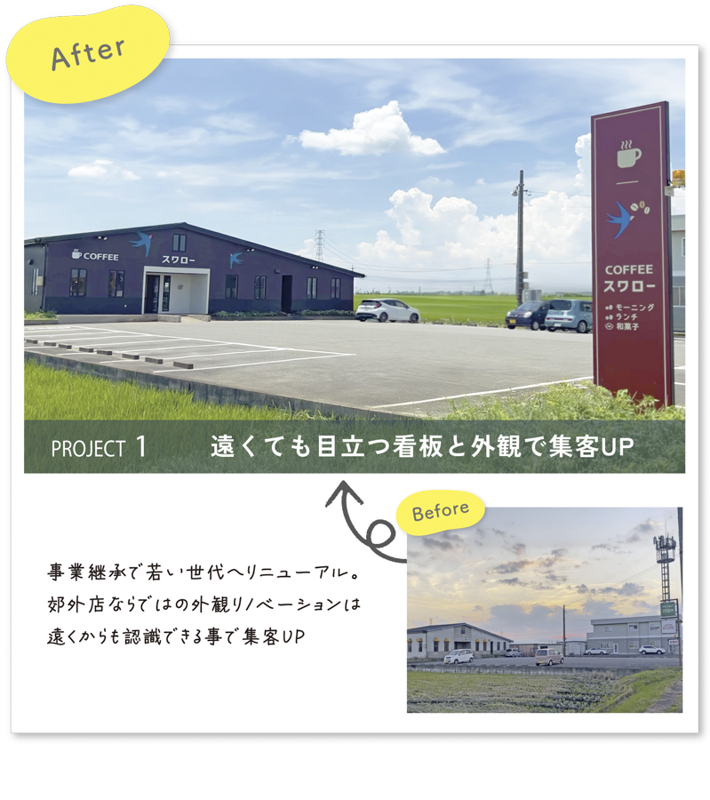 彩朝スタイルの施工例　Before ＆ After　スワロー様の店舗改装　外観